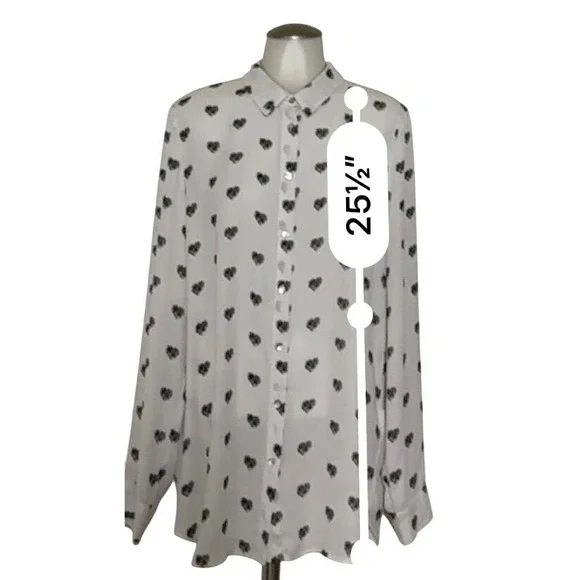 Rose Olive Womens XL White Black Hearts Print Button Up Shirt Long Sleeve blouse - Picture 3 of 10